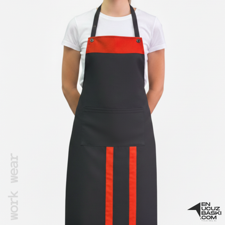 Baskılı Mutfak Aşçı Önlük Siyah - Turuncu - İş Kıyafeti