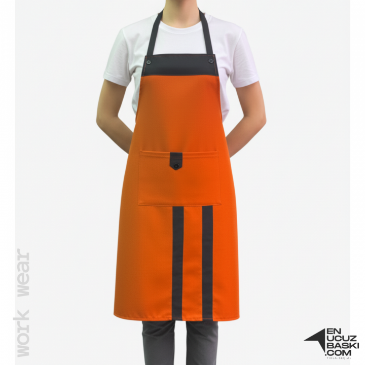 Baskılı Mutfak Aşçı Önlük Turuncu - Siyah - İş Kıyafeti