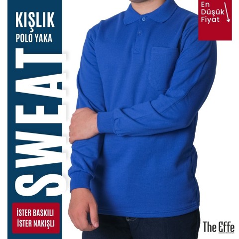 Baskılı Polo Yaka Sweat Saks Mavi Baskılı Polo Yaka Sweat Saks Mavi