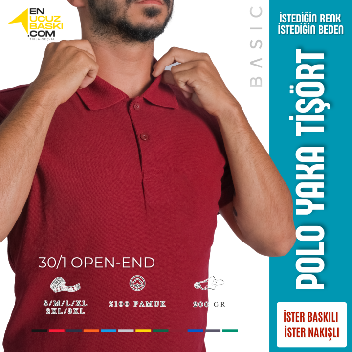 Baskılı Polo Yaka Tişört Basic Bordo