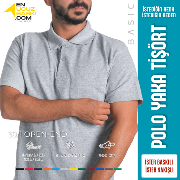 Baskılı Polo Yaka Tişört Basic Gri