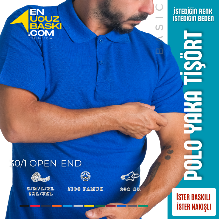 Baskılı Polo Yaka Tişört Basic Saks Mavi