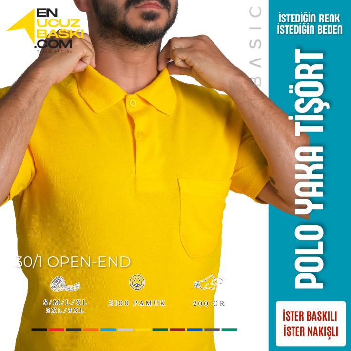 Baskılı Polo Yaka Tişört Basic Sarı