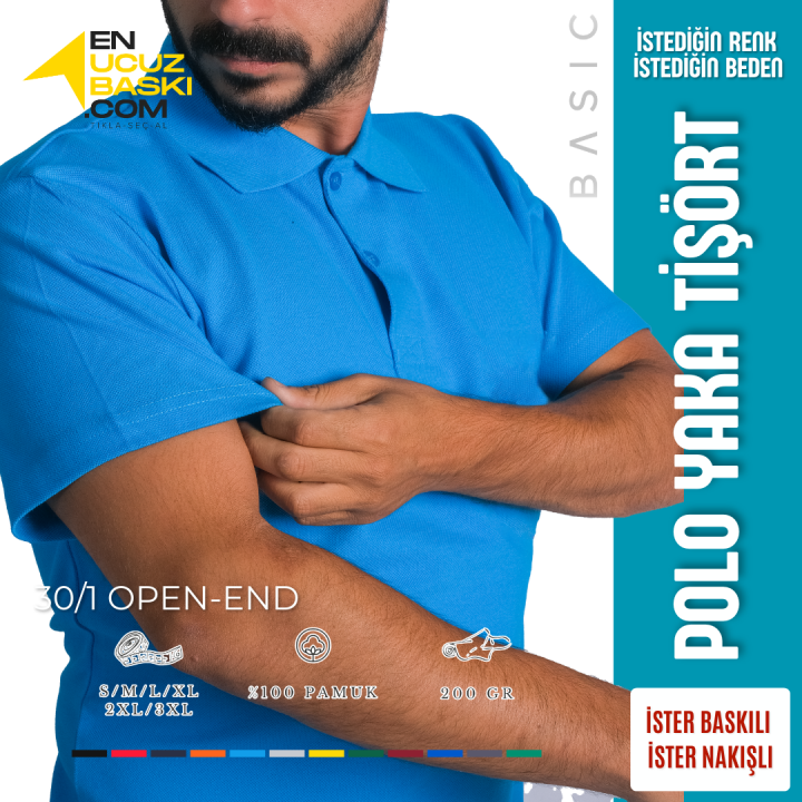 Baskılı Polo Yaka Tişört Basic Turkuaz