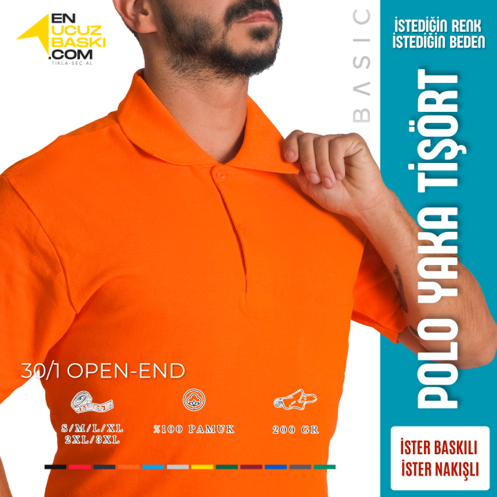 Baskılı Polo Yaka Tişört Basic Turuncu