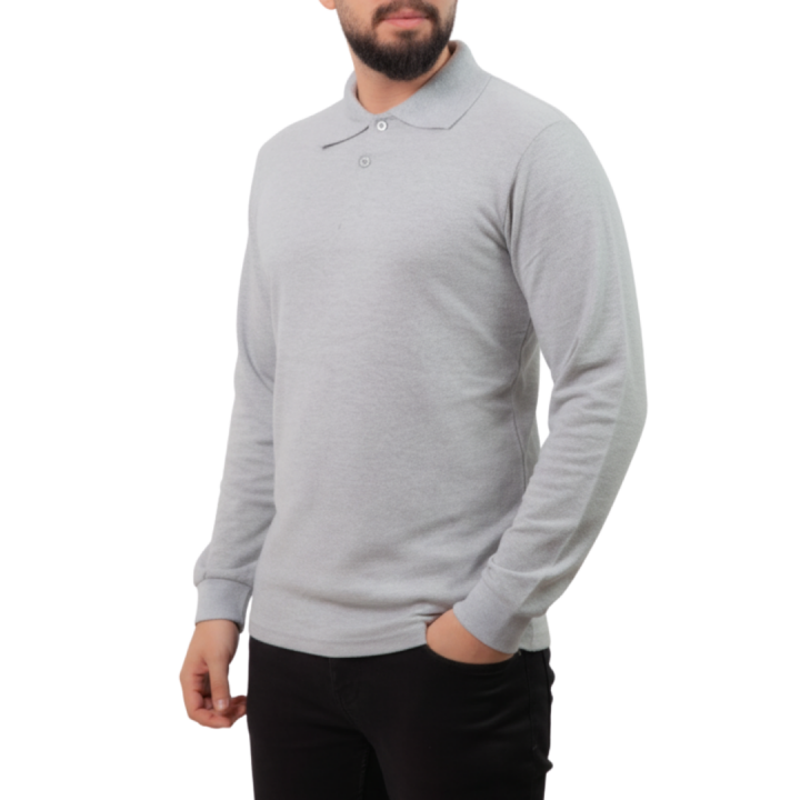 Baskılı Polo Yaka Uzun Kol T-shirt Gri - Basic
