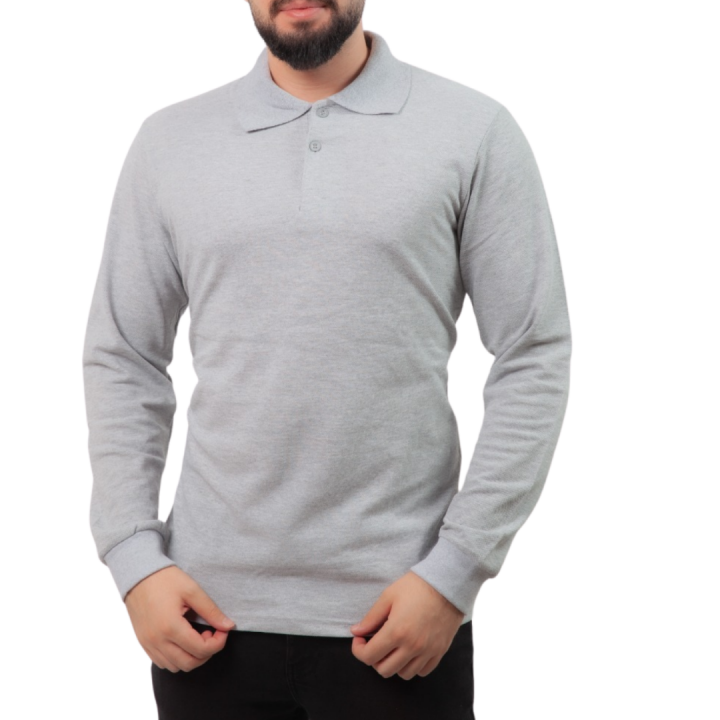 Baskılı Polo Yaka Uzun Kol T-shirt Gri - Basic