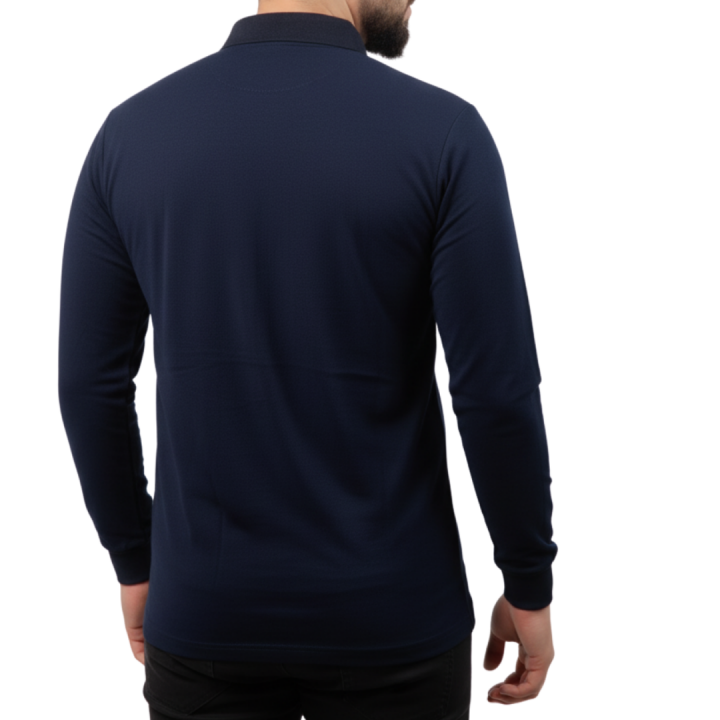 Baskılı Polo Yaka Uzun Kol T-shirt Lacivert - Basic