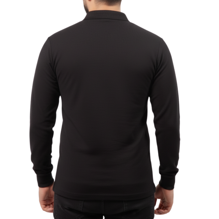 Baskılı Polo Yaka Uzun Kol T-shirt Siyah - Basic
