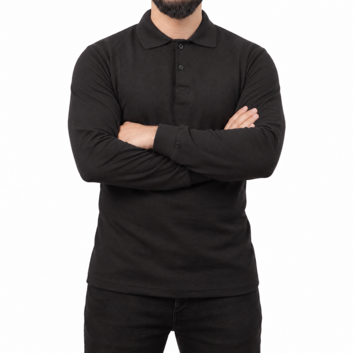 Baskılı Polo Yaka Uzun Kol T-shirt Siyah - Premium