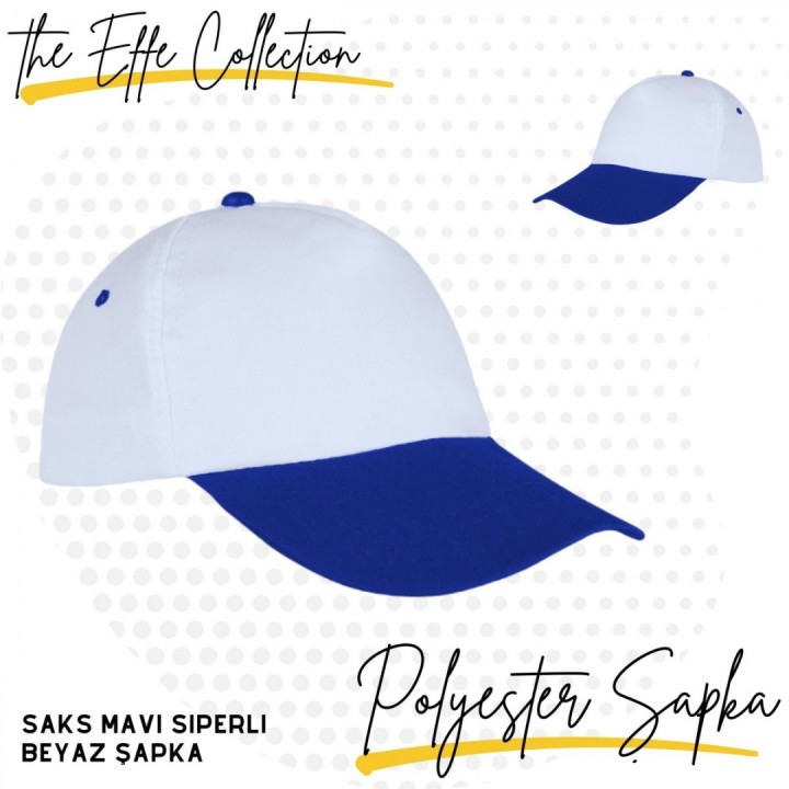 Baskılı Polyester Şapka Saks Mavi Siperli Beyaz