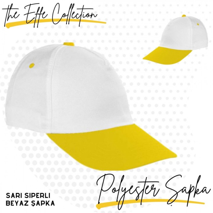 Baskılı Polyester Şapka Sarı Siperli Beyaz
