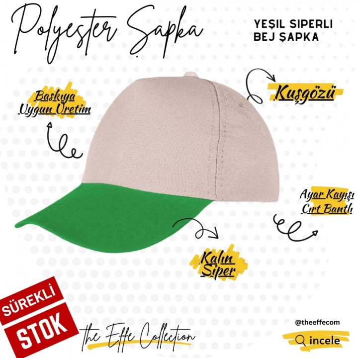 Baskılı Polyester Şapka Yeşil Siperli Beyaz