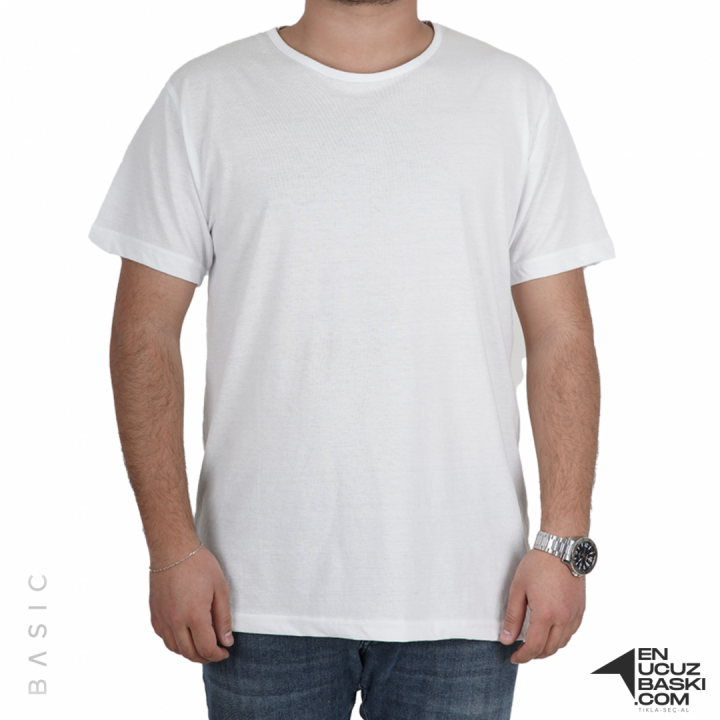 Baskılı Sıfır Yaka Basic Tişört Beyaz