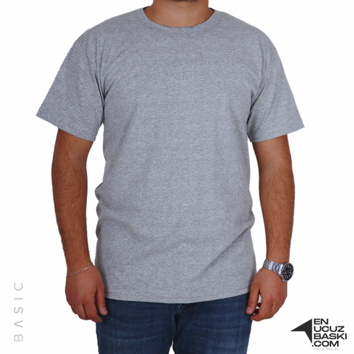 Baskılı Sıfır Yaka Basic Tişört Gri