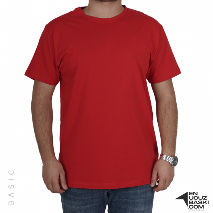 Baskılı Sıfır Yaka Basic Tişört Kırmızı