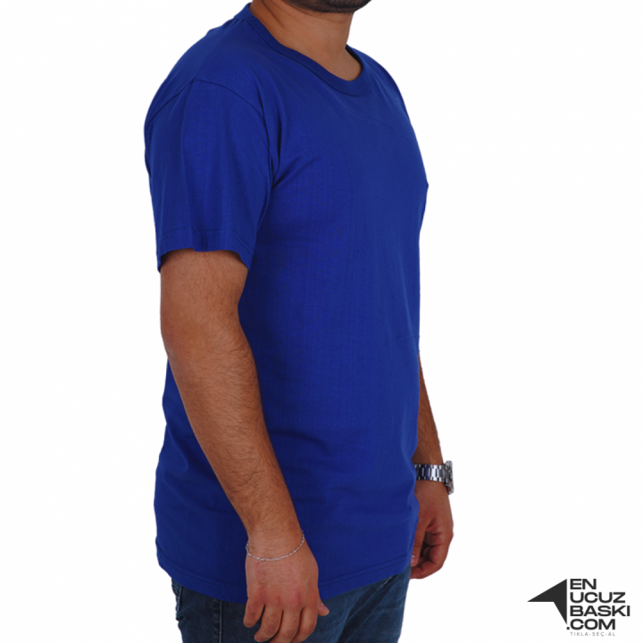 Baskılı Sıfır Yaka Basic Tişört Saks Mavi