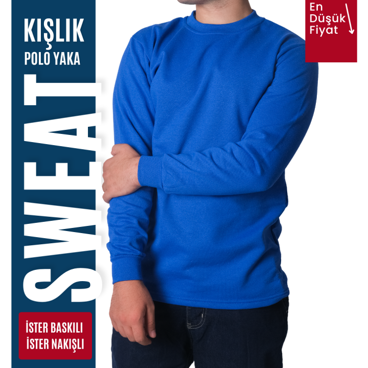 Baskılı Sıfır Yaka Sweat Saks Mavi