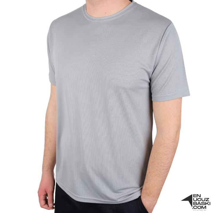 Baskılı Sıfır Yaka T-shirt Gri - Dry Touch