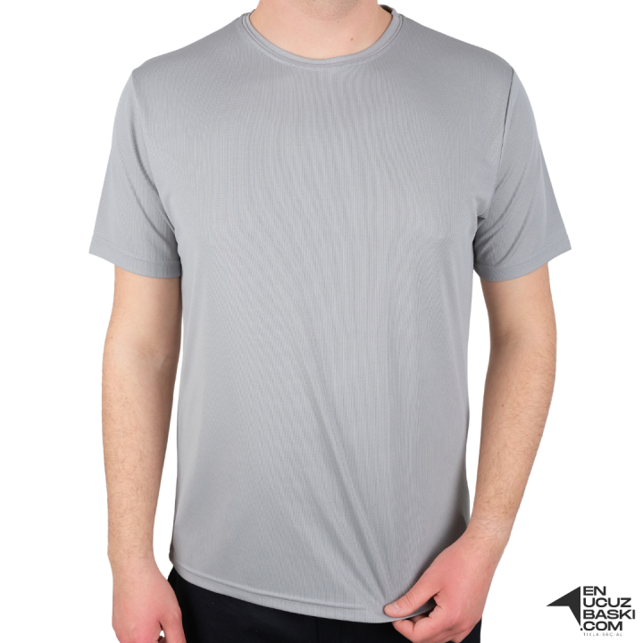 Baskılı Sıfır Yaka T-shirt Gri - Dry Touch