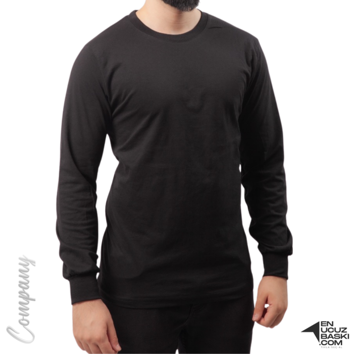 Baskılı Sıfır Yaka Uzun Kol T-shirt Siyah - Company