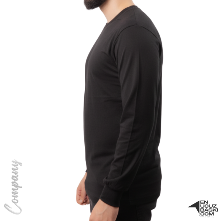 Baskılı Sıfır Yaka Uzun Kol T-shirt Siyah - Company