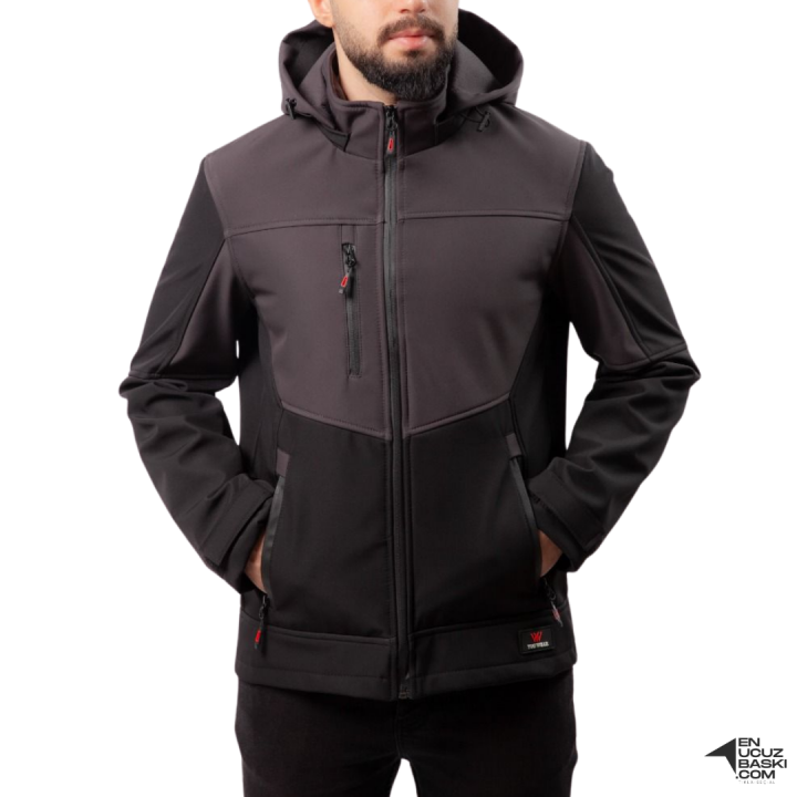 Baskılı Softshell Mont Kapşonlu / Gri Siyah -  İş Kıyafeti