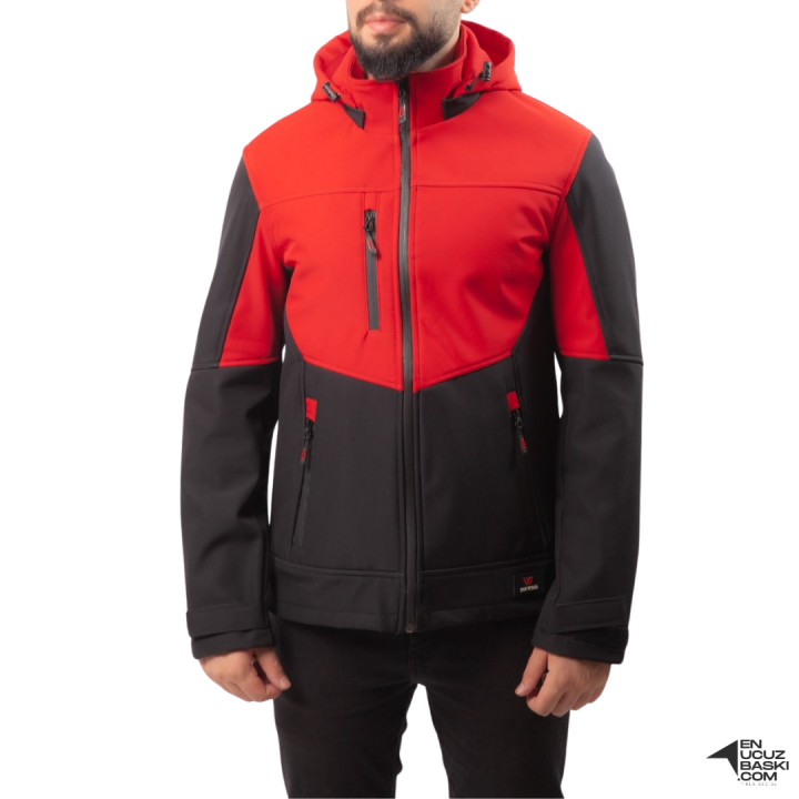 Baskılı Softshell Mont Kapşonlu / Kırmızı -  İş Kıyafeti