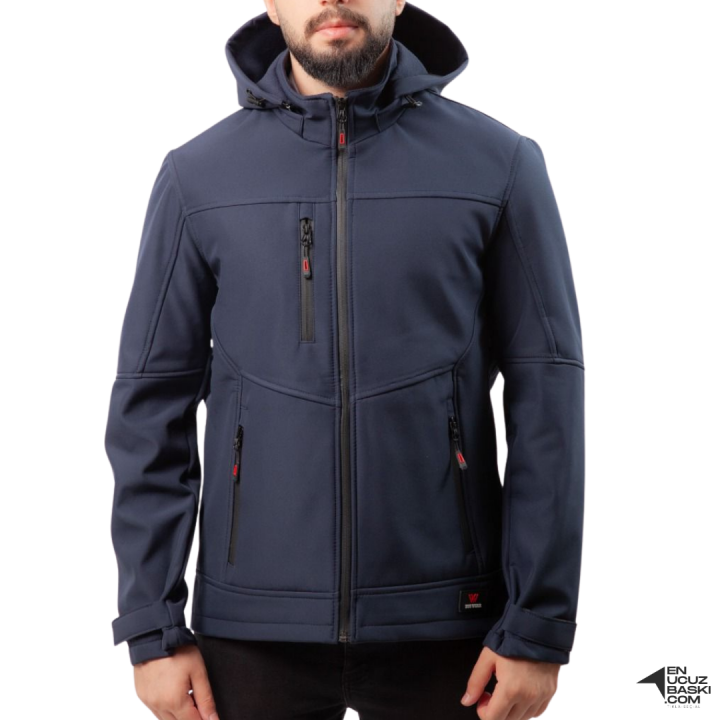 Baskılı Softshell Mont Kapşonlu / Lacivert -  İş Kıyafeti