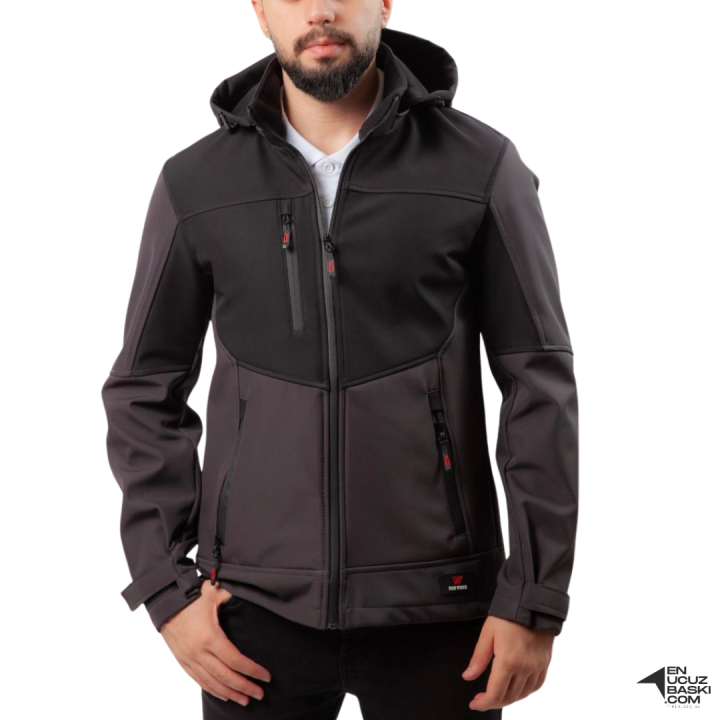 Baskılı Softshell Mont Kapşonlu / Siyah Gri -  İş Kıyafeti