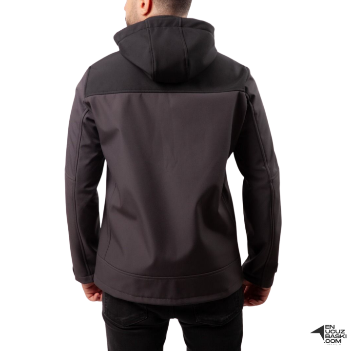 Baskılı Softshell Mont Kapşonlu / Siyah Gri -  İş Kıyafeti