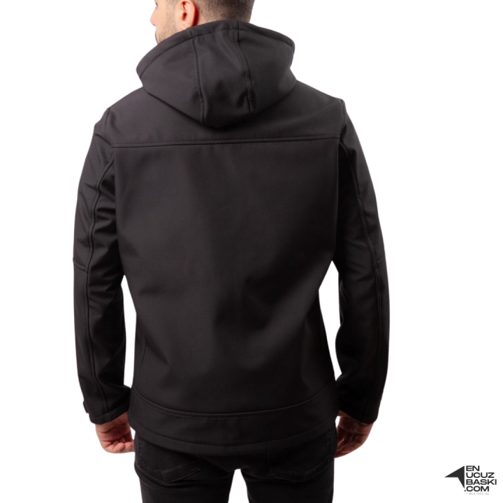 Baskılı Softshell Mont Kapşonlu / Siyah-  İş Kıyafeti