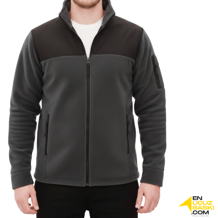 Baskılı Softshelli Polar Mont 3 Cepli / Gri İş Kıyafeti