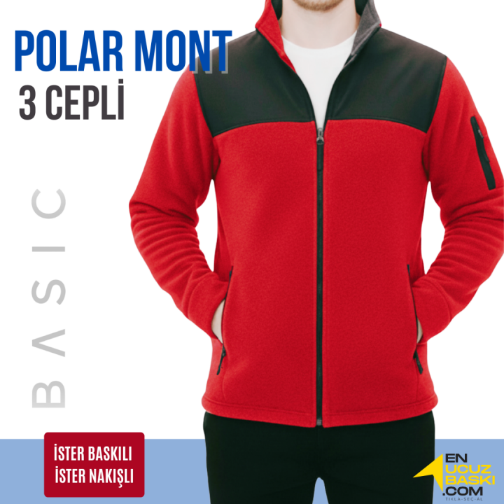 Baskılı Softshelli Polar Mont 3 Cepli / Kırmızı İş Kıyafeti