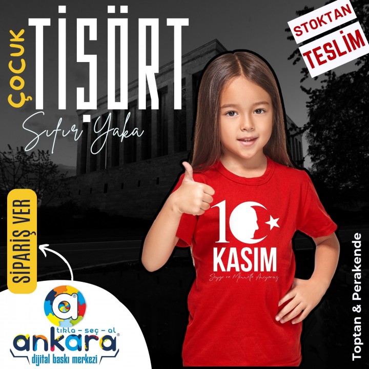 Sıfır Yaka Tişört Çocuk 10 Kasım Atatürk Baskılı Model 07