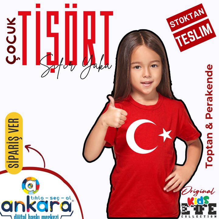 Sıfır Yaka Tişört Çocuk Türk Bayrağı Baskılı Model 01