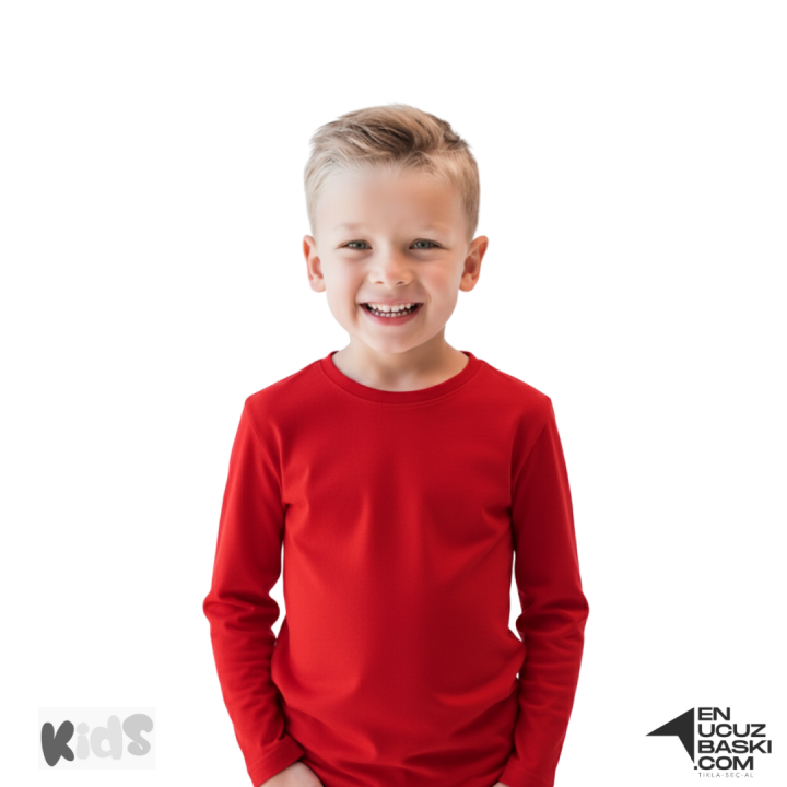 Sıfır Yaka Tişört Çocuk Uzun Kollu Kırmızı